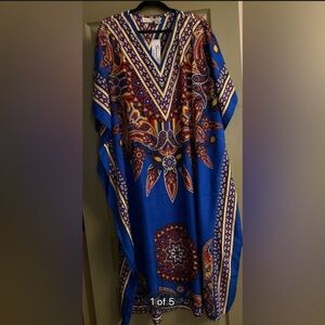 NWT SANTE MUMU 2X 3X KAFTAN CAFTAN HOUSE DRESS BLUE RED GOLD & SPARKLES